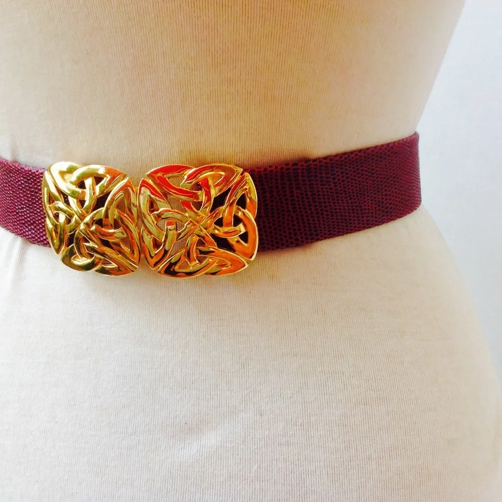 Vintage Red Leather Belt Croco Gold Buckle